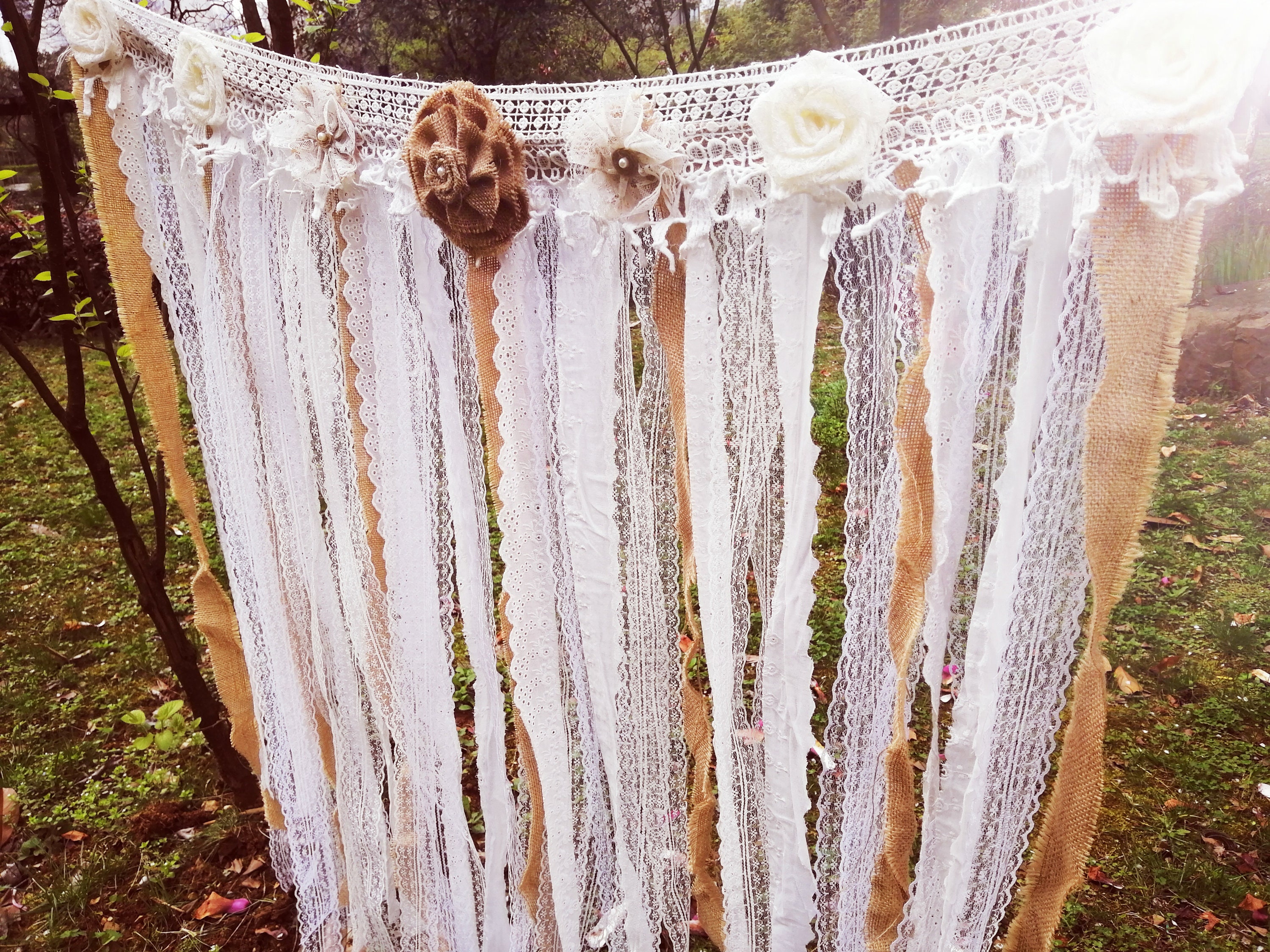 SHABBY Vtg Lace Burlap Backdrop wedding banner Valance Fabric Etsy