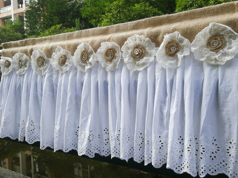 Burlap Curtains Rustic burlap White lace Valance Kitchen Etsy