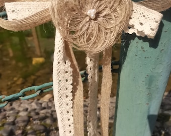 1pc Shabby Chic Decor Burlap and Lace Pew Bows, Burlap bows, Wedding bows, Rustic Bows, Rustic Wedding,