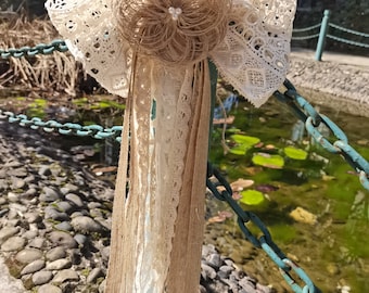1pc Shabby Chic Decor Burlap and Lace Pew Bows, Burlap bows, Wedding bows, Rustic Bows, Rustic Wedding,