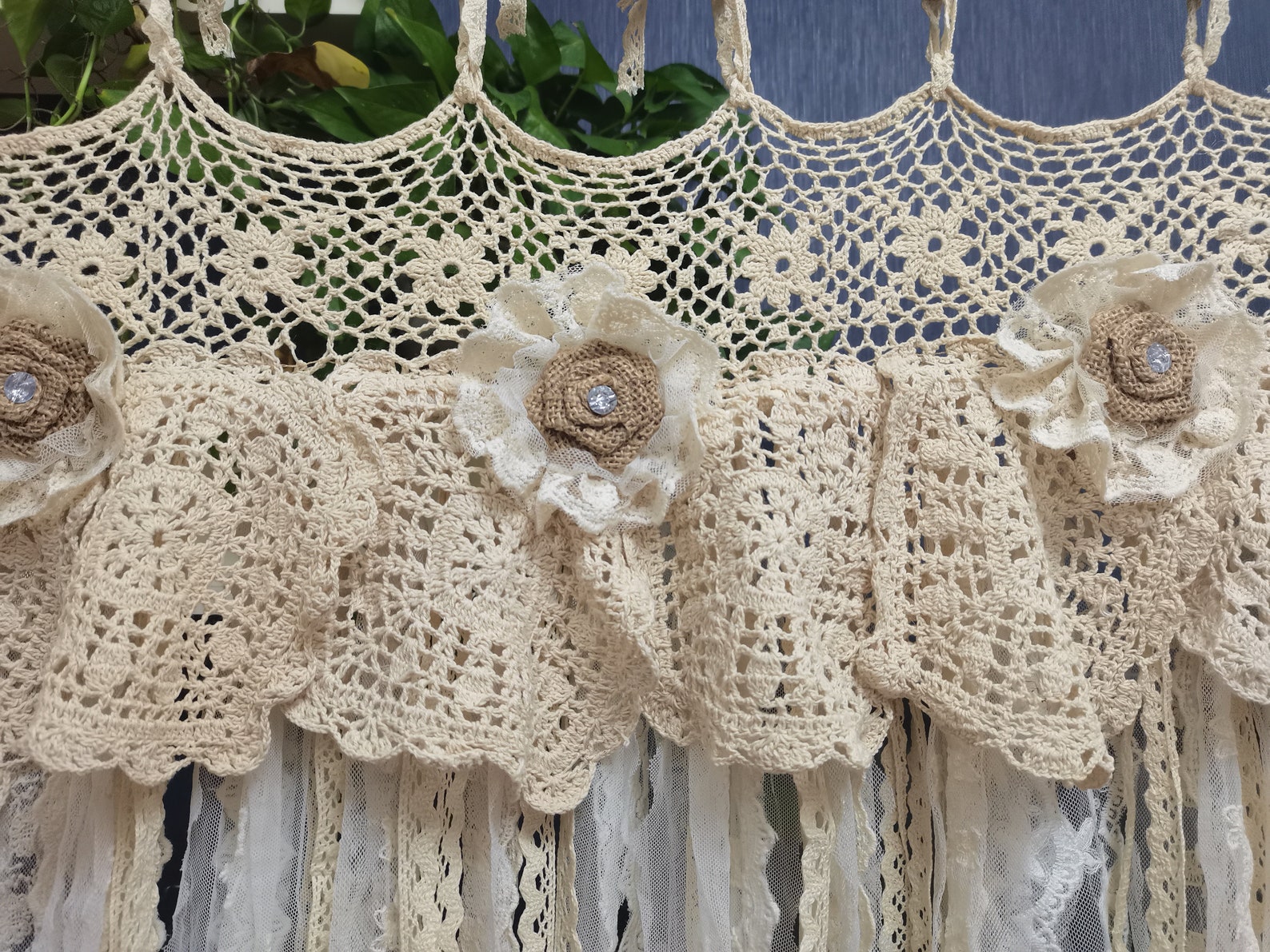Beige Crochet Retro Hollowed Bedroom Lace Curtains