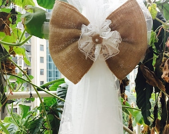 1pc Tulle  Burlap Lace Bows Pew Chair bow Pew Bows Rustic burlap Ivory Lace Flower Decor Wedding Decor