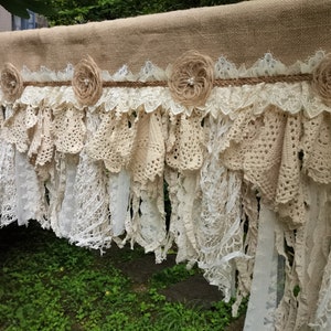 Custom Rustic Unique Burlap Beige ivory Lace Bedroom Curtain Valance Burlap Window Kitchen Swag Curtain Burlap Beige Lace window treatments