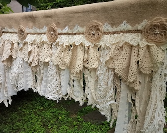 Custom Rustic Unique Burlap Beige ivory Lace Bedroom Curtain Valance Burlap Window Kitchen Swag Curtain Burlap Beige Lace window treatments