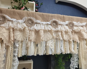 Custom Rustic Unique Burlap Beige ivory Lace Bedroom Curtain Valance Burlap Window Kitchen Swag Curtain Burlap Beige Lace window treatments