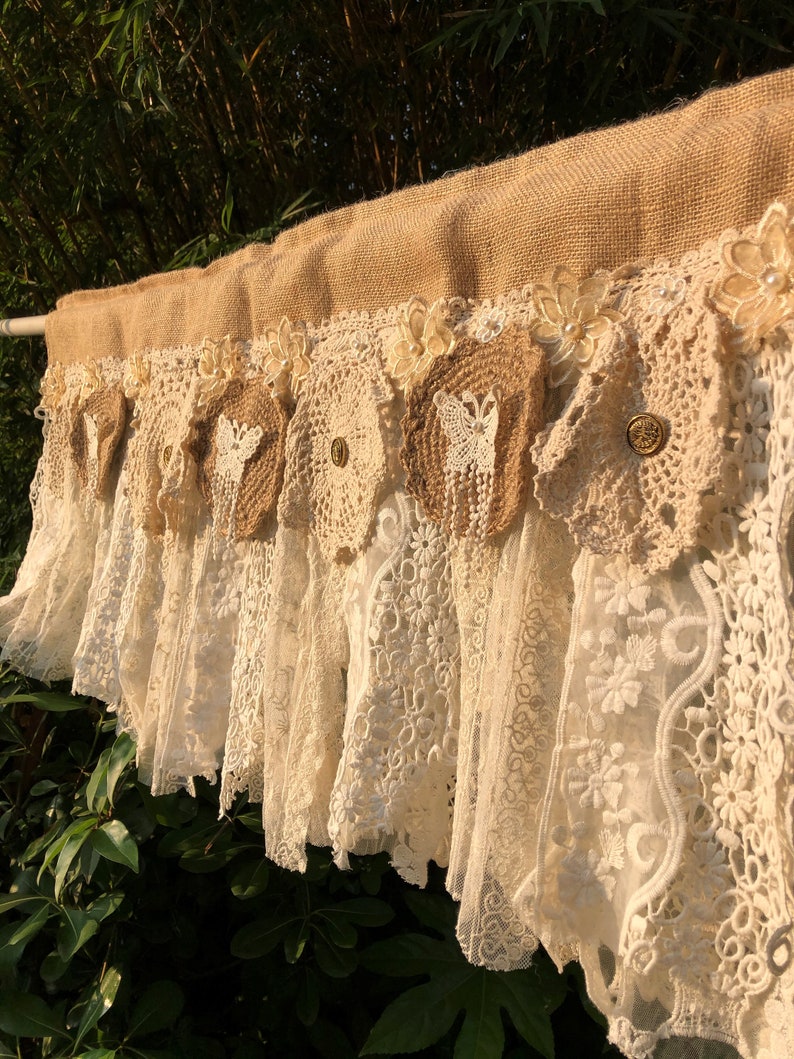 Romantic Lace Curtain Rustic Burlap Kitchen Valance Burlap Etsy