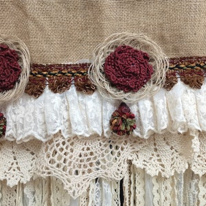Custom Rustic Unique Burlap Beige Lace Bedroom Valance Burlap Window Kitchen Swag Curtain Burgundy Green Burlap Beige Lace window treatments