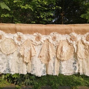 Rustic Romantic Kitchen Valance Burlap Lace Decor Kitchen Curtain Shabby Full Laces Burlap Curtain Rustic window treatments Wedding Decor