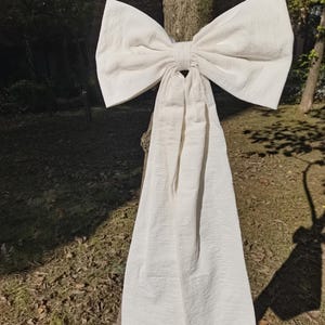 Peut inclure: Un grand nœud en tissu blanc noué autour d'un tronc d'arbre.