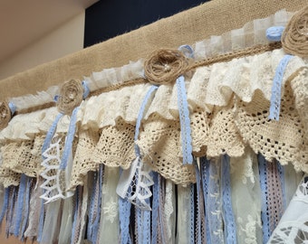 Rustic Unique Burlap Beige Lace Bedroom Valance Light Blue Grey Lace  Kitchen Curtain Shabby Burlap Beige Lace window treatments