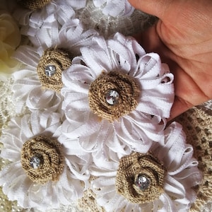 10pcs Romantic Burlap flowers Burlap White cotton Natural Burlap  Roses Flowers Rustic Wedding Decor,  flowers, burlap rose