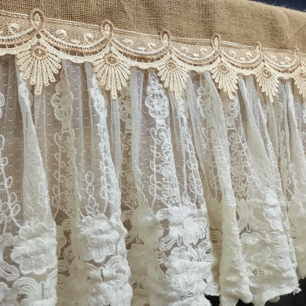 Romantic Kitchen Valance Burlap Lace Decor Kitchen Curtain Shabby Lace Burlap Curtain Rustic window treatments Wedding Decor