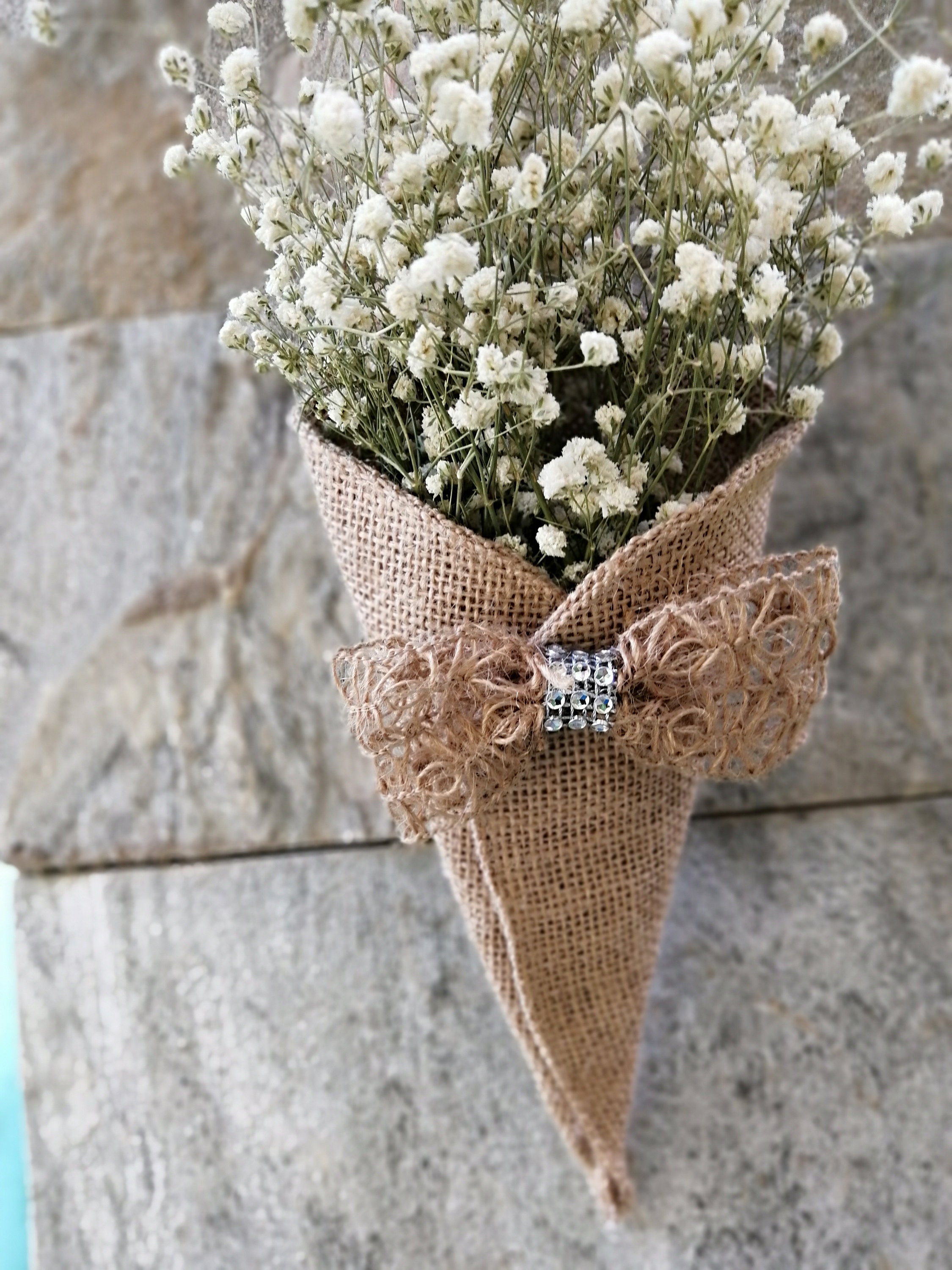 1pc  Hanging burlap  Basket Pew Cone wall organizer Rustic home Wedding decor