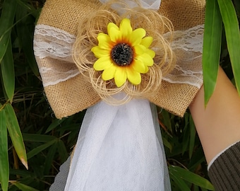 1pc tulle Burlap Lace Bows Pew Chair bow Pew Bows Rustic burlap Wedding Decor Cotton Sunflower