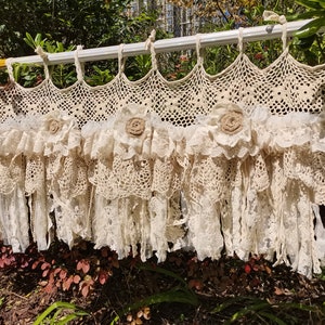 Rustic Hand Crochet Lace Unique Beige Lace Bedroom Valance Window Kitchen Curtain Shabby  Beige Lace Curtain window treatments