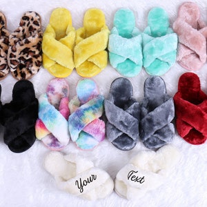 Personalized Fluffy Slipper Multiple Color Choices Your Name Pink White Leopard Tie Dye Bridesmaid Gifts for Women Cozy Spa Wedding Favor