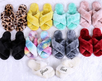 Personalized Fluffy Slipper Multiple Color Choices Your Name Pink White Leopard Tie Dye Bridesmaid Gifts for Women Cozy Spa Wedding Favor