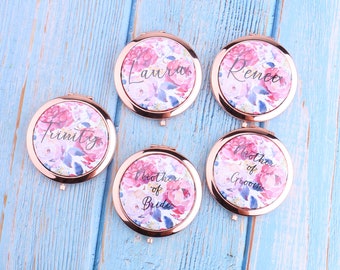 Personalized Name Compact Mirrors Watercolor Flower Bridesmaid Bachelorette Hen Party Gift Travel Round Magnifying Mirror