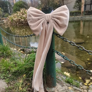 Peut inclure: Un grand nœud en velours rose pâle noué autour d'un poteau métallique vert. Le nœud a une longue queue qui pend jusqu'au sol.