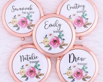 Rose Gold Compact Mirrors with Personalized Name Title Watercolor Floral Maid of Honor Mother of Groom Wedding Gift Bridesmaid Proposal Gift