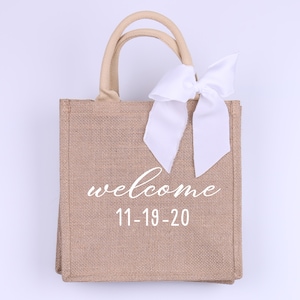 Personalized Wedding Burlap Tote with Ribbon, Monogrammed Bridesmaid Bachelorette Gift Welcome Bags for Hotel Guests Favors Party Wifey Gift