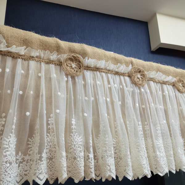 Custom Lace Curtain Valance Rustic burlap White Lace Kitchen Valance Lace Decor Kitchen Curtain Shabby burlap flowers Decor