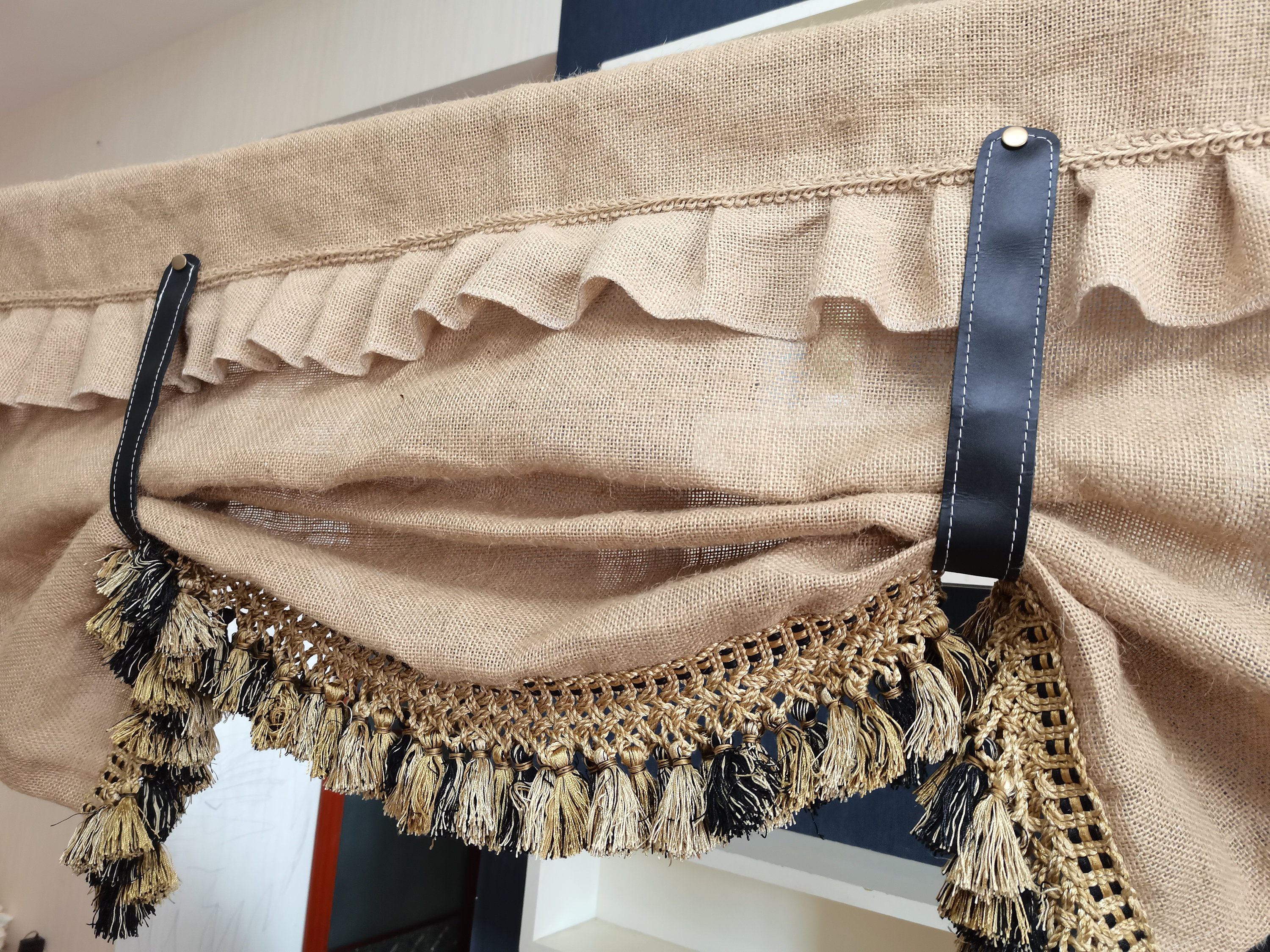 カスタム黄麻布バランスカーテン 本物のレザー製タイアップ黄麻布