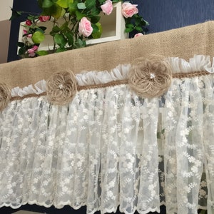 Custom Rustic  Burlap Ivory Lace Bedroom Valance Burlap Lace Window Kitchen Curtain Shabby Burlap Lace Curtain window treatments