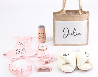 Personalized Set of 9 Bridesmaid Proposal Gift Fluffy Slippers Sleep Mask Tumbler Comb Scrunchies Bachelorette Sleepover Party Wedding Gift