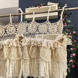 Rustic Hand Crochet Lace Unique Beige Lace Bedroom Valance Window Kitchen Curtain Shabby  Beige Lace Curtain window treatments