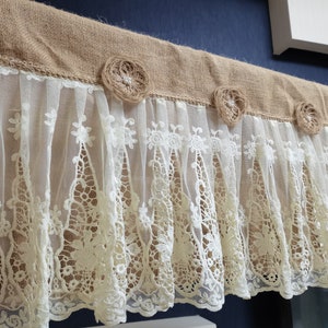 Custom Cream Lace Curtain Valance Rustic burlap Cream Lace Kitchen Valance Lace Decor Kitchen Curtain Shabby burlap flowers Decor