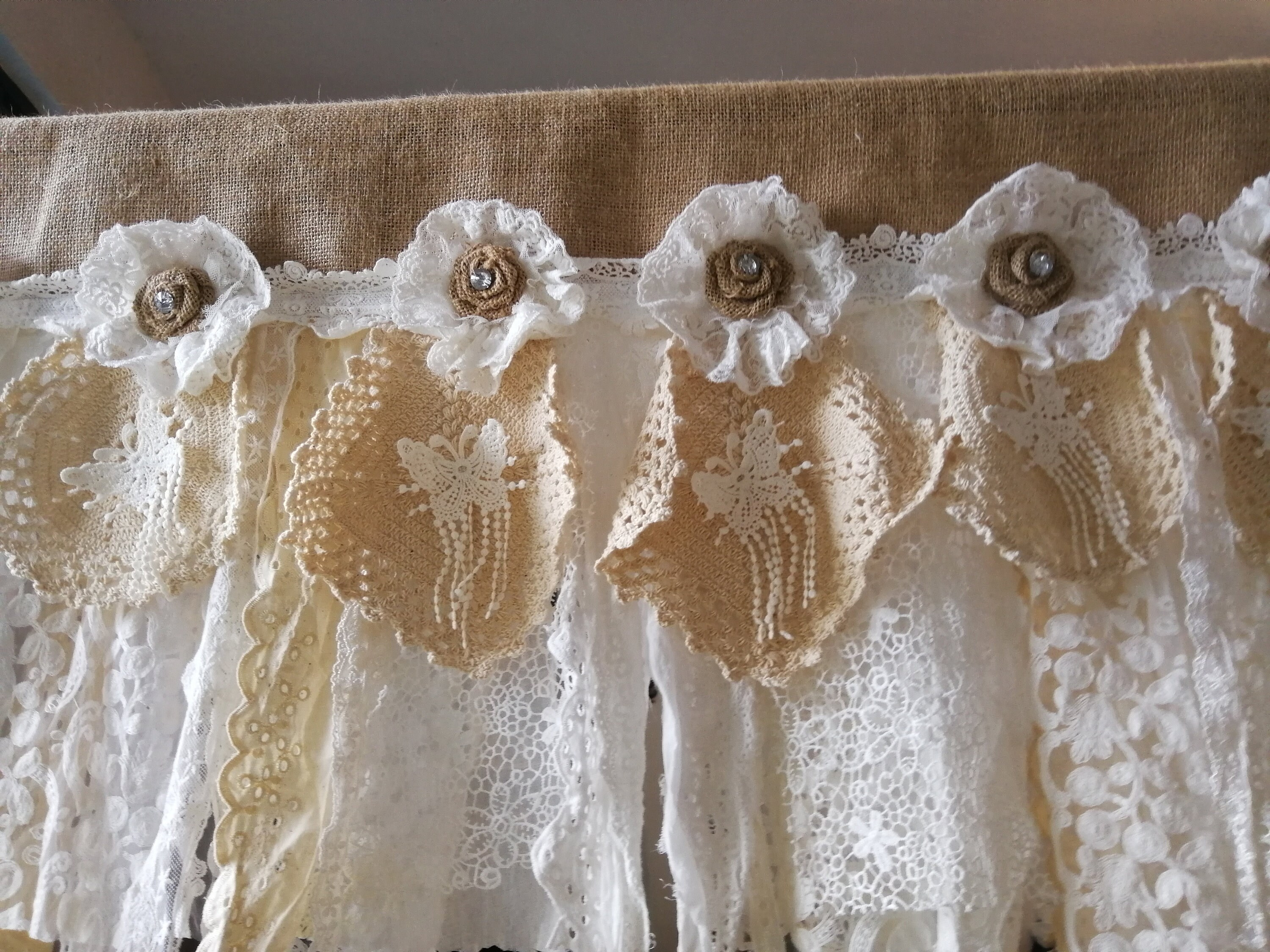 Rustic Romantic Kitchen Valance Burlap Lace Decor Kitchen Etsy