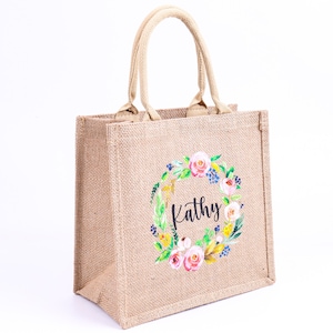 Personalisierte Sackleinen Tragetaschen, Name Brautjungfer Geschenk Tasche, Junggesellinnenabschied Strand Jute Tasche, Mutter der Braut Hochzeit Gefälligkeiten