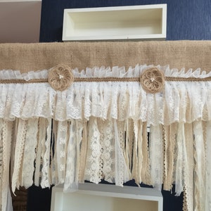 Rustic Unique Kitchen Valance Burlap Decor Kitchen Curtain Shabby Burlap Ivory Lace Black  Lace  window treatments Wedding Favor