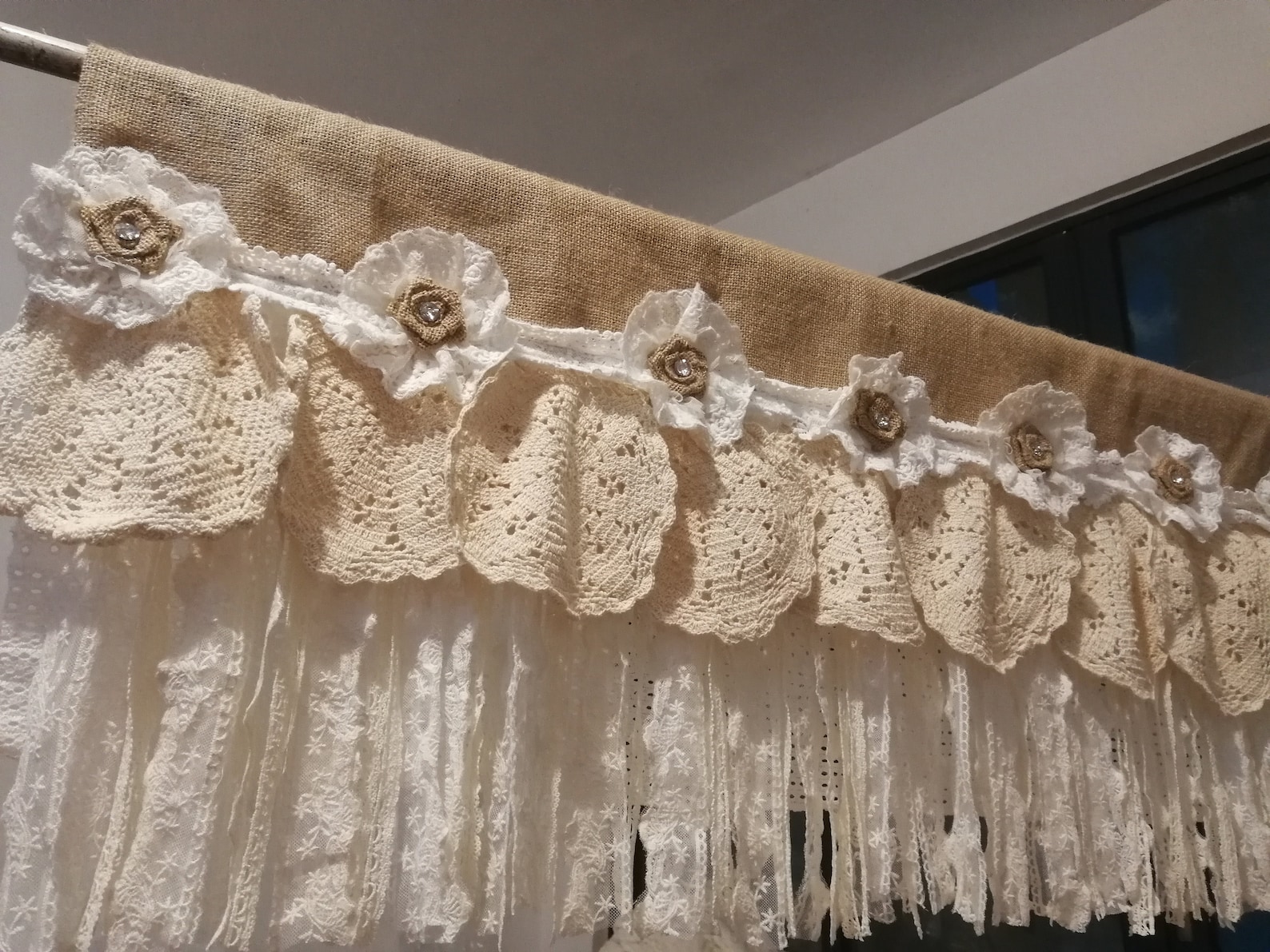 Romantic Lace Curtain Rustic Burlap Kitchen Valance Burlap Etsy