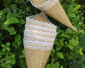 20 Hanging burlap lace Basket Pew Cone wall organizer Rustic home Wedding decor