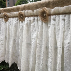 Custom Linen lace Curtains Lace Curtain Rustic burlap Kitchen Valance Burlap Flowers Decor Kitchen Curtain Shabby burlap flowers Decor