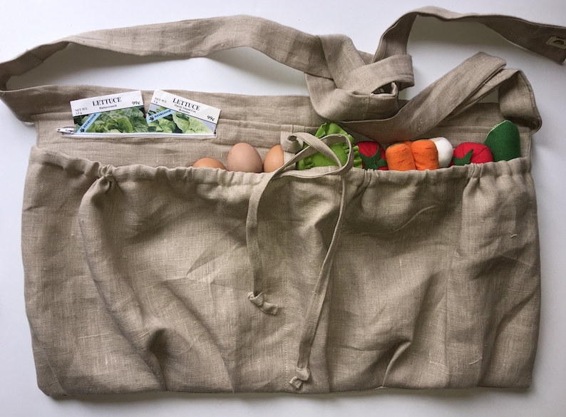 Produce apron Gathering apron Deep Pocket Zipper 100/% Natural Linen Harvesting Apron Gardener Harvest apron Basket apron