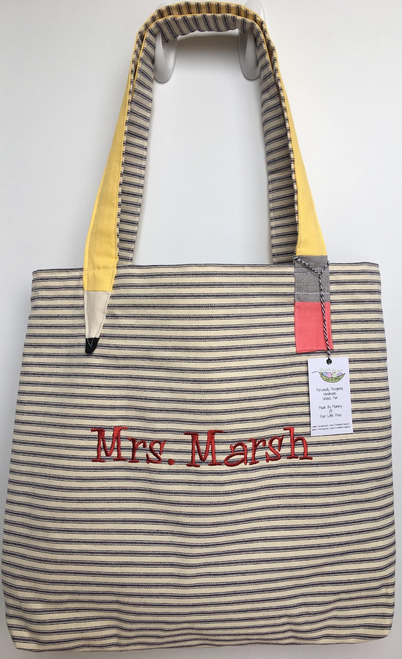 Ticking Fabric Navy and White Bag High Quality Tote Teacher Gift Totes Large Tote Teacher Tote Bag Personalized Bags