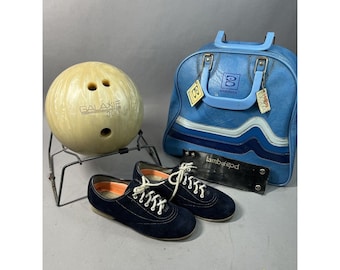 Vintage Brunswick Galaxie 300 E Pearl Bowling Ball 12 lb Blue Suede Shoes & Bag
