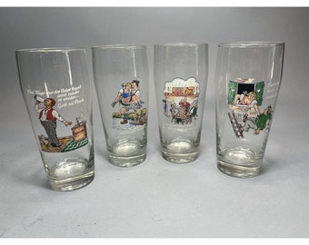 4 Vintage German Beer Glasses 1960s Novelty Drunk Humor Cartoon Glasses 0.5 L