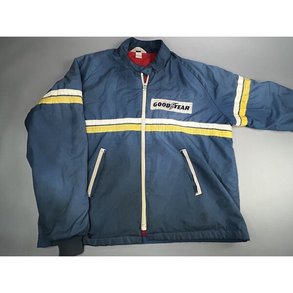 Vintage 1970’s Goodyear Racing Jacket Blue White & Yellow Stripe Red Interior XL