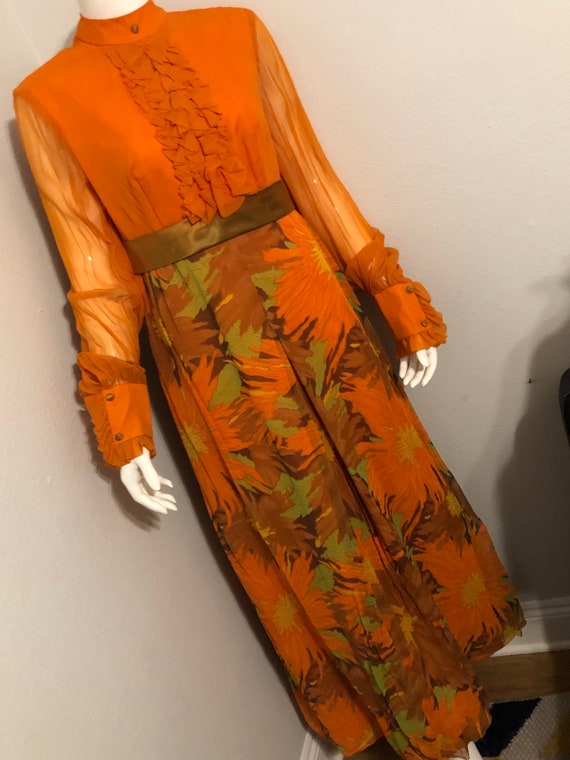 1970’s Vintage Dress Orange and Green Floral full… - image 3