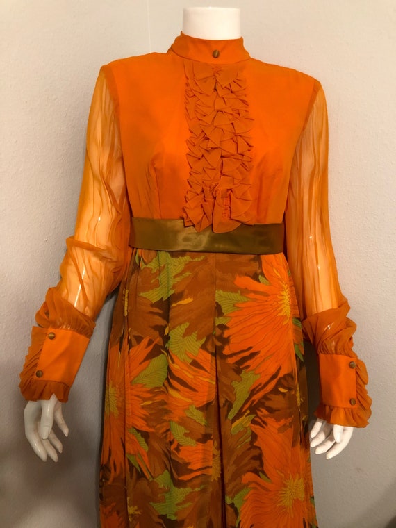 1970’s Vintage Dress Orange and Green Floral full… - image 1