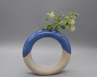 Circle vase in neutral gray clay with glossy sea blue glaze, geometric vase, circular vase, statement vase