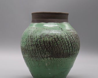 7.5" turquoise green crackle surface vase, raku fired vase, one of a kind vase