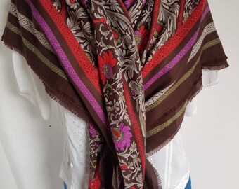 Shawl wrap scarf 70's or 80's print  large scarf brown red purple floral print vintage retro