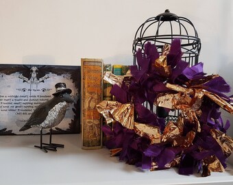 Fabric scrap purple and gold wreath, door wreath, fall decor, home decor, rustic fabric wreath, Christmas wreath.