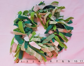 Fabric scrap green wreath, door wreath, green, home decor, rustic fabric wreath, light green wreath.