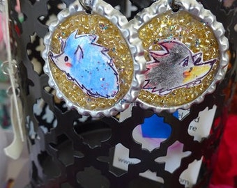 Sonic the Hedgehog Bottle Cap Pendientes, lindo erizo botella cap pendientes, tapa de botella de perlo de erizo, pendientes de videojuegos